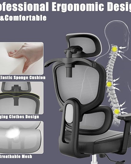 Office Chair, Ergonomic Desk Chair, High Back Desk Chair, Big and Tall Reclining Comfy Home Office Chair with Lumbar Support Breathable Mesh Computer Chair Adjustable Armrests - LeafyLoom