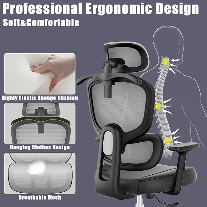 Office Chair, Ergonomic Desk Chair, High Back Desk Chair, Big and Tall Reclining Comfy Home Office Chair with Lumbar Support Breathable Mesh Computer Chair Adjustable Armrests - LeafyLoom