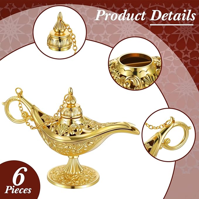 6 Pieces Magic Lamp Halloween Vintage Legend Lamp Wishing Light Costume Lamp Classic Costume Props Lamp Tabletop Decoration for Arabian Costume Props Home Party Birthday Wedding Delicate Gift (Gold) - LeafyLoom