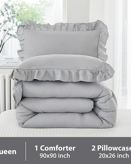 Andency Silver Gray Comforter Set Queen Size, 3 Pieces Shabby Chic Ruffle Bedding Comforter Sets for Queen Bed, Lightweight Fluffy Soft Microfiber Farmhouse Comforter Set - LeafyLoom