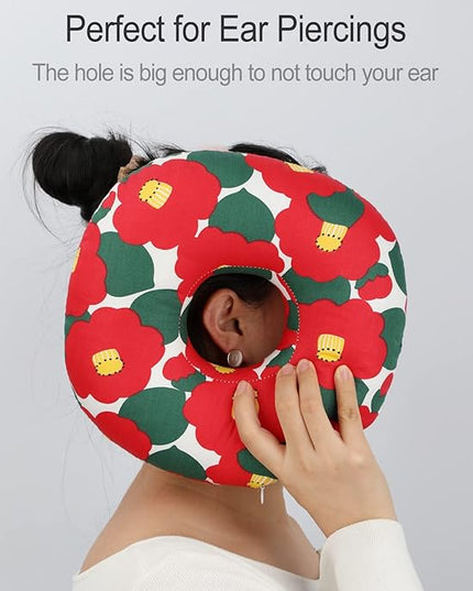 Ear Piercing Pillow for Side Sleeping, CHN Pillow with Hole for Side Sleepers Ear Pain Inflammation Pressure Sores O-Shaped Donut Guard Red Flower - LeafyLoom