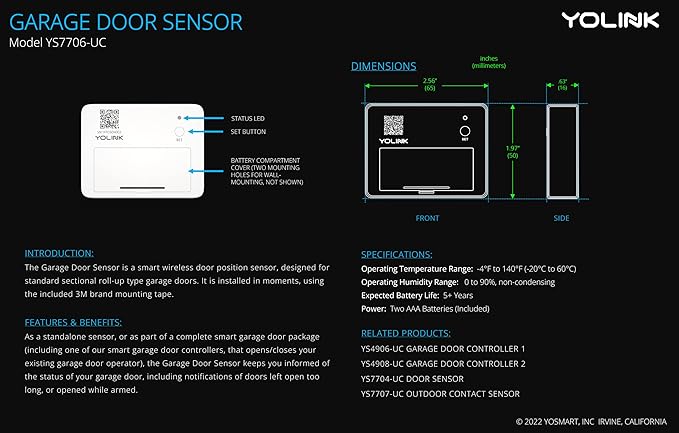 YoLink Smart Garage Door Sensor, Garage Door Position Sensor with Door Left-Open Reminders, Alexa, Google, IFTTT, Home Assistant (Hub Required) YoLink