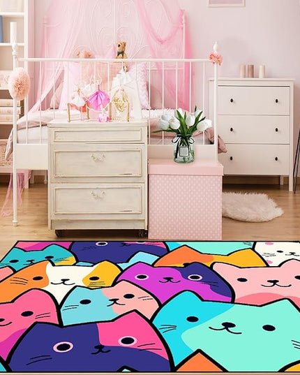 Cat Rug for Girls Bedroom - Cat Area Rug Cartoon Cat Rug Carpet for Kids Room Cute Cat Rugs Room Decor Colorful Anime Rug with Cat Printed, 2x3 Feet - LeafyLoom
