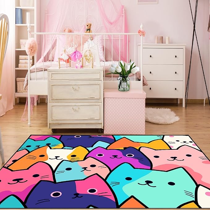 Cat Rug for Girls Bedroom - Cat Area Rug Cartoon Cat Rug Carpet for Kids Room Cute Cat Rugs Room Decor Colorful Anime Rug with Cat Printed, 2x3 Feet - LeafyLoom
