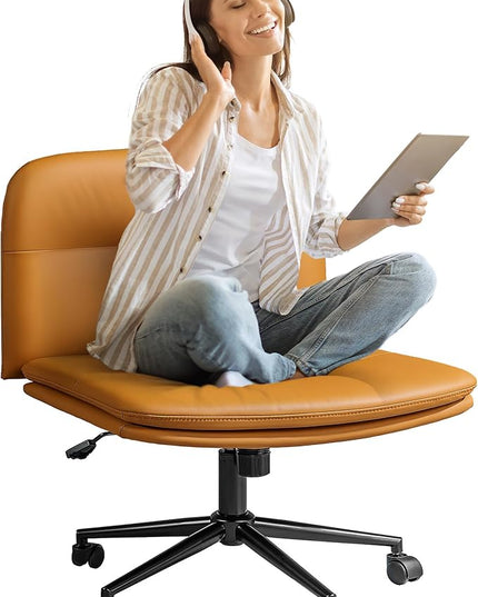 FLEXISPOT Cross Legged Office Chair for Vanity Desk Criss Cross Chair with Wheels Armless Office Chair Vanity Chair Comfy Wide Seat Cushion PU Leather(Brown) - LeafyLoom