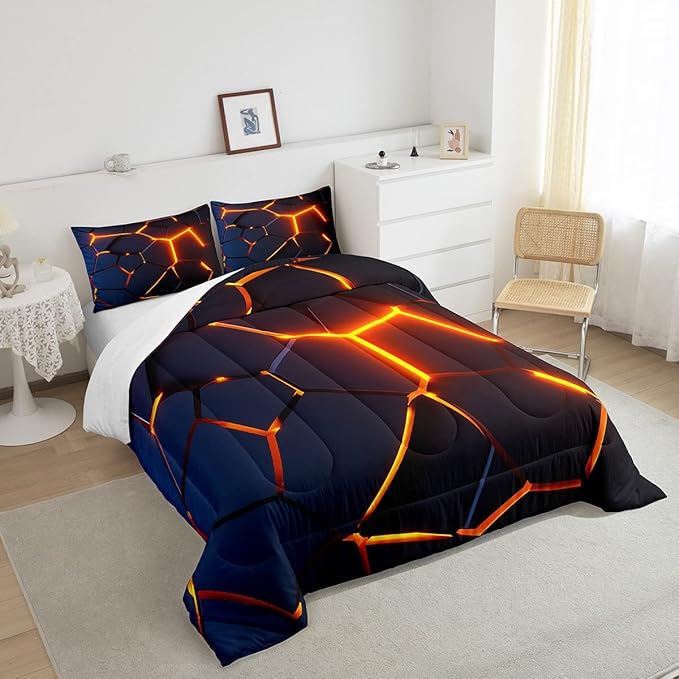 Honeycomb Print Bedding Set Red Black Fire Hexagonal Pattern Comforter Set for Kids Boys Girls Teens Beehive Geometrical Comforter Breathable Simplistic Duvet Set Room Decor Quilt Set Queen Size - LeafyLoom