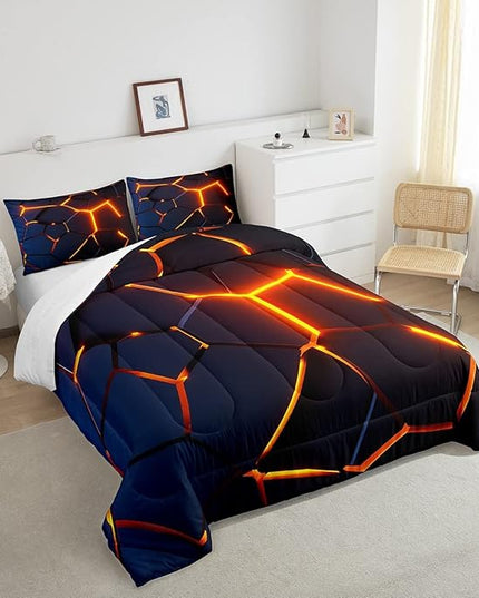 Honeycomb Print Bedding Set Red Black Fire Hexagonal Pattern Comforter Set for Kids Boys Girls Teens Beehive Geometrical Comforter Breathable Simplistic Duvet Set Room Decor Quilt Set Twin Size - LeafyLoom