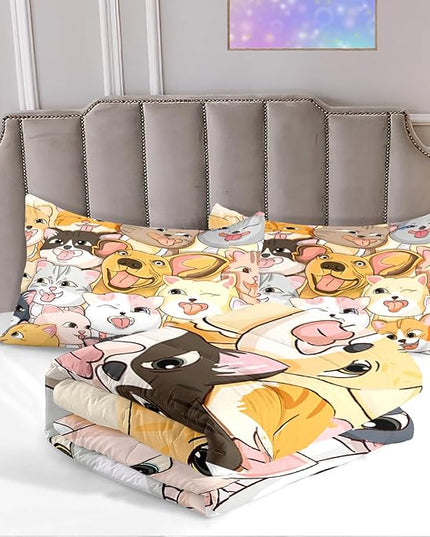 Dogs Comforter Set - Cute Cartoon Puppy Pattern Comforter Set Full Size 3pcs Kitten Dogs Bedding Set Pet Animal Design Kids Room Decor with 1 Comforter and 2 Pillowcases Boys Girls Gift All Season - LeafyLoom