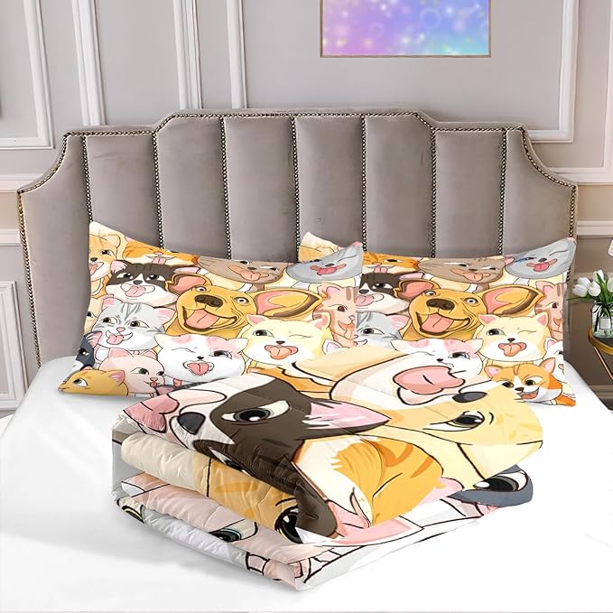 Dogs Comforter Set - Cute Cartoon Puppy Pattern Comforter Set Full Size 3pcs Kitten Dogs Bedding Set Pet Animal Design Kids Room Decor with 1 Comforter and 2 Pillowcases Boys Girls Gift All Season - LeafyLoom
