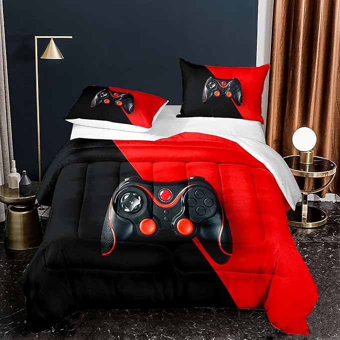 Teens Video Game Comforter Sets 3D Red Black Gamepad Bedding Set Twin Size Kids Boys Games Themed Comforter/Quilt Set Gaming Controller Bedspread Bedroom Decor - LeafyLoom