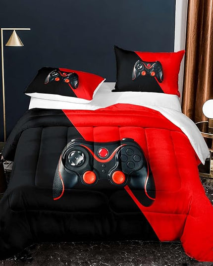 Teens Video Game Comforter Sets 3D Red Black Gamepad Bedding Set Twin Size Kids Boys Games Themed Comforter/Quilt Set Gaming Controller Bedspread Bedroom Decor - LeafyLoom