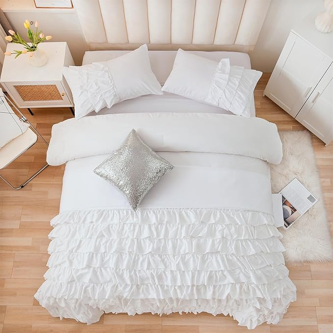 A Nice Night Waterfall Flutter Ruffle Comforter Set,Ruffled Textured Soft Chic Princess 6pcs Bedding Set,with Bling Shiny Sequin Throw Pillow Case,White,Full - LeafyLoom
