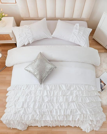 A Nice Night Waterfall Flutter Ruffle Comforter Set,Ruffled Textured Soft Chic Princess 6pcs Bedding Set,with Bling Shiny Sequin Throw Pillow Case,White,Twin - LeafyLoom