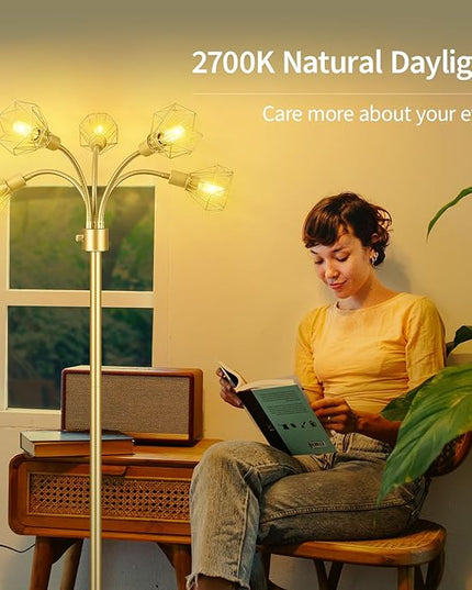 Gold Floor Lamp,Industrial Floor Lamps for Living Room,Tree Standing Lamp Bright with 5 Charm Diamond Head 2000 Lumens LED Bulbs,3 Way Switch,Modern Stand up Lamp for Bedroom Office Farmhouse - LeafyLoom