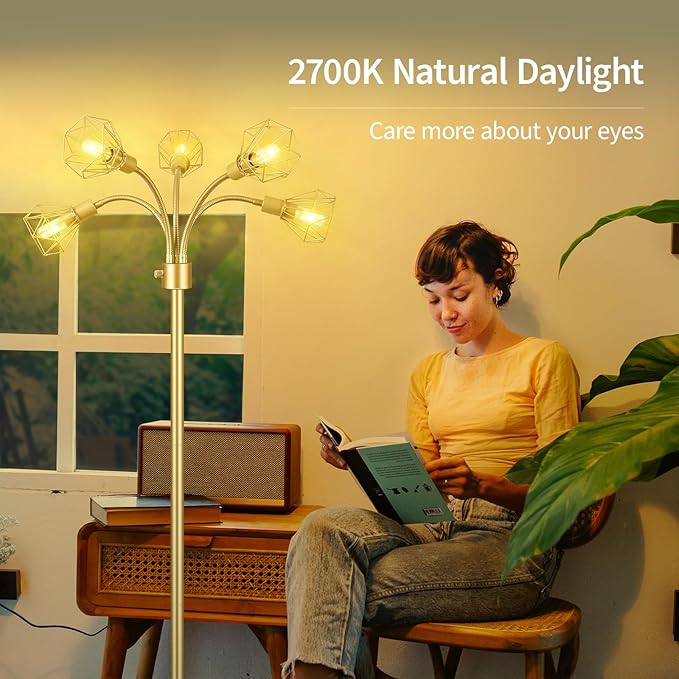 Gold Floor Lamp,Industrial Floor Lamps for Living Room,Tree Standing Lamp Bright with 5 Charm Diamond Head 2000 Lumens LED Bulbs,3 Way Switch,Modern Stand up Lamp for Bedroom Office Farmhouse - LeafyLoom