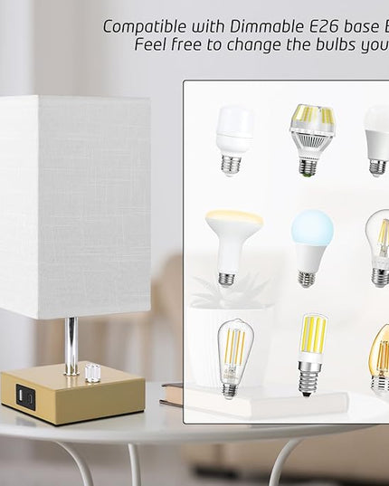 Small Table Lamp Set of 2 - Fully Dimmable Bedside Lamp for Bedroom Kids with USB C+A Ports & AC Outlet, Gold Nightstand Lamp for Home Office. Square Beige Fabric Shade Metal Base(LED Blubs Included). - LeafyLoom