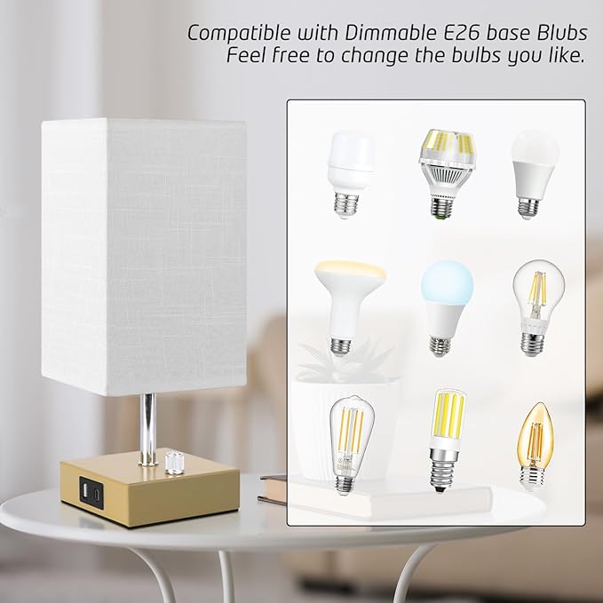 Small Table Lamp Set of 2 - Fully Dimmable Bedside Lamp for Bedroom Kids with USB C+A Ports & AC Outlet, Gold Nightstand Lamp for Home Office. Square Beige Fabric Shade Metal Base(LED Blubs Included). - LeafyLoom
