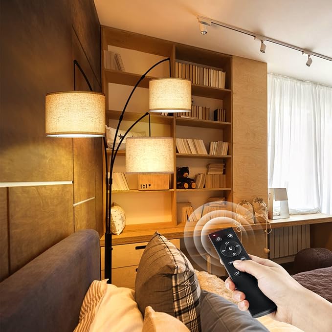 OUTON Arc LED Floor Lamp with Remote Control, Dimmable Modern Black 3 Light Arched Tall Floor Lamp, Mid Century Adjustable Standing Corner Lamps for Bedroom, Office, Living Room, Beige Lampshade - LeafyLoom