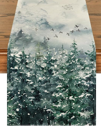 Artoid Mode Green Tree Snow Christmas Table Runner, Seasonal Winter Holiday Kitchen Dining Table Decoration for Home Party Decor 13x60 Inch ArtoidMode