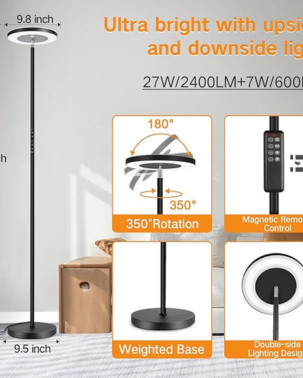 OUTON LED Torchiere Floor Lamp, Super Bright Dimmable Tall Standing Lamp with Remote Touch Control, 4 Color Temperatures, 1-Hour Timer for Living Room, Bedroom, Office (Classic Black) - LeafyLoom