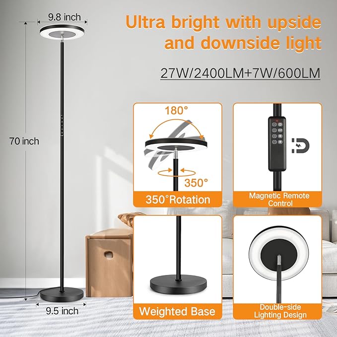 OUTON LED Torchiere Floor Lamp, Super Bright Dimmable Tall Standing Lamp with Remote Touch Control, 4 Color Temperatures, 1-Hour Timer for Living Room, Bedroom, Office (Classic Black) - LeafyLoom