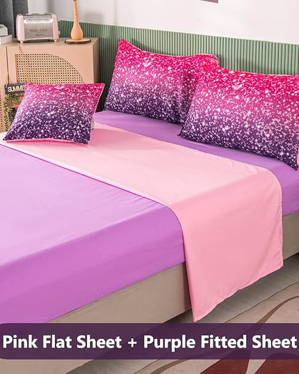 PERFEMET Purple Glitter Comforter Set Twin Size 6 Pieces Bed in A Bag for Teen Girls 3D Colorful Rainbow Bedding Comforter Sheet Set Ultra Soft Galaxy Quilted Duvet - LeafyLoom