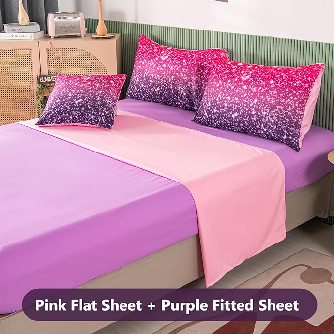 PERFEMET Purple Comforter Set Full Size - 6Pcs Colorful Rainbow Girls Bedding Set - Sparkly Pastel Ombre Bed in A Bag - (1 Comforter, 1 Flat Sheet, 1 Fitted Sheet, 2 Pillowcases, 1 Cushion Cover) - LeafyLoom