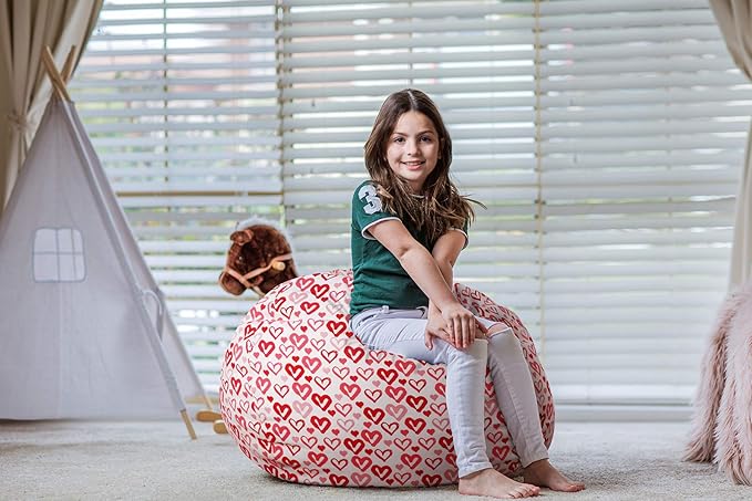 Wekapo Stuffed Animal Storage Bean Bag Chair Cover for Kids | Stuffable Zipper Beanbag for Organizing Children Plush Toys Large Premium Cotton Canvas (Heart, X-Large) - LeafyLoom
