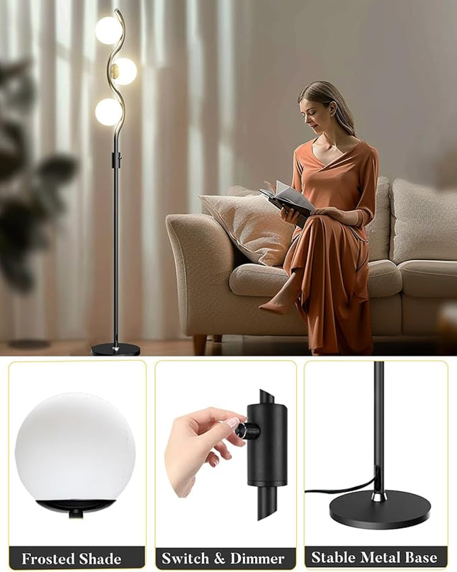 60IN Dimmable (Brightness Adjustable) Black Floor Lamp, Modern Standing Lamps with 3 Globe Soft Warm White 3000K Bulbs, Mid Century Floor Lamp for Living Room Bedroom Home Decor - LeafyLoom