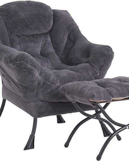 LITA Lazy Chair with Ottoman, Modern Accent Leisure Upholstered Sofa Chair, Lounge Reading Chair with Armrests and a Side Pocket for Living Room, Bedroom & Small Space, Plush Navy - LeafyLoom