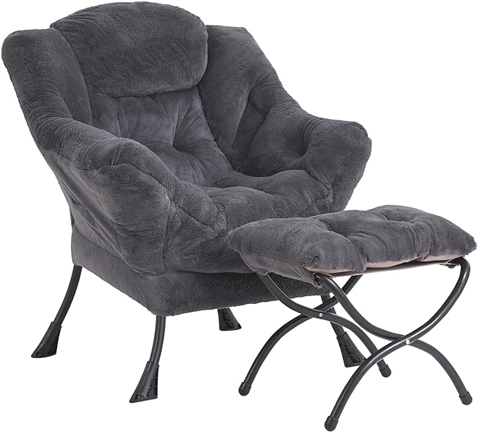 LITA Lazy Chair with Ottoman, Modern Accent Leisure Upholstered Sofa Chair, Lounge Reading Chair with Armrests and a Side Pocket for Living Room, Bedroom & Small Space, Plush Navy - LeafyLoom