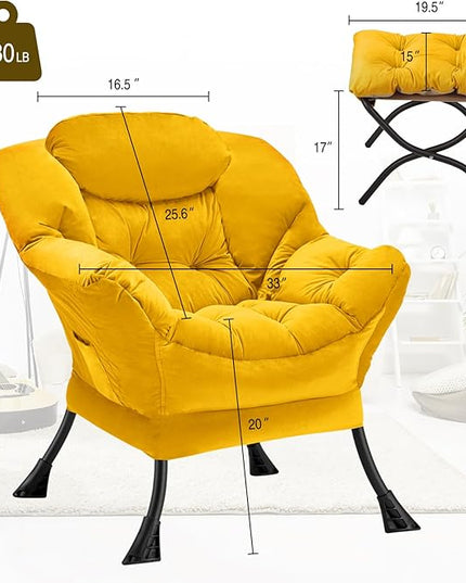 Lazy Chair with Folding Ottoman Modern Large Accent Chair,Contemporary Lounge Leisure Sofa Chair with Armrests Upholstered Sofa Armchair Reading Chair for Bedroom,Dorm & Office,Yellow - LeafyLoom
