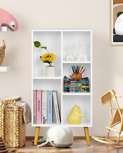 YAHARBO Small White Bookshelf,3 Tier Modern Kids Bookcase with Legs,5 Cube Wooden Bookshelves Storage Shelf,Book Shelves Organizer,Display Bookcases Cabinet for Room Nursery Study - LeafyLoom