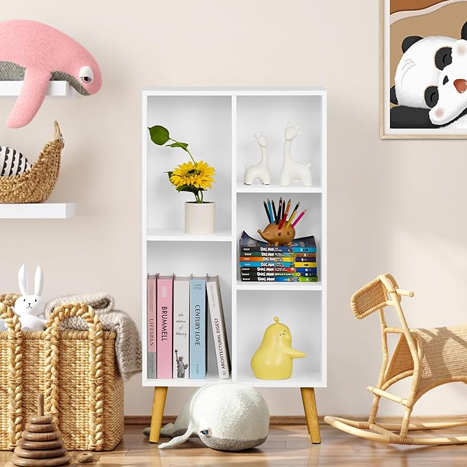 YAHARBO Small White Bookshelf,3 Tier Modern Kids Bookcase with Legs,5 Cube Wooden Bookshelves Storage Shelf,Book Shelves Organizer,Display Bookcases Cabinet for Room Nursery Study - LeafyLoom