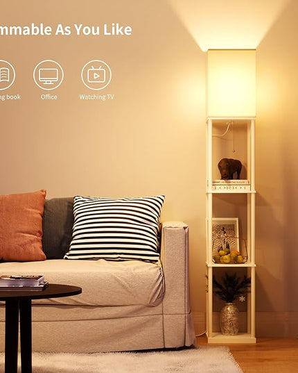 SUNMORY Shelf Floor Lamp with 3-Way Dimmable LED Bulb, Modern Square Standing Lamp with Shelves and White Shade, Corner Display Bookshelf Lamp for Living Room and Bedroom(White) - LeafyLoom