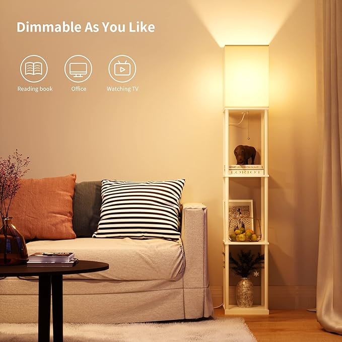 SUNMORY Shelf Floor Lamp with 3-Way Dimmable LED Bulb, Modern Square Standing Lamp with Shelves and White Shade, Corner Display Bookshelf Lamp for Living Room and Bedroom(White) - LeafyLoom