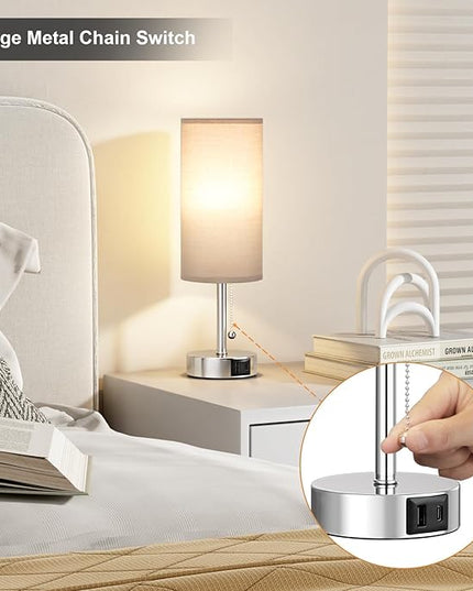Grey Table Bedside Lamp for Bedroom Nightstand - Small Silver Lamp with USB A + C Charging Port, 3 Color Temperatures Pull Chain Night Stand Light with Bulb, Side Table Desk Lamp for Living Room - LeafyLoom
