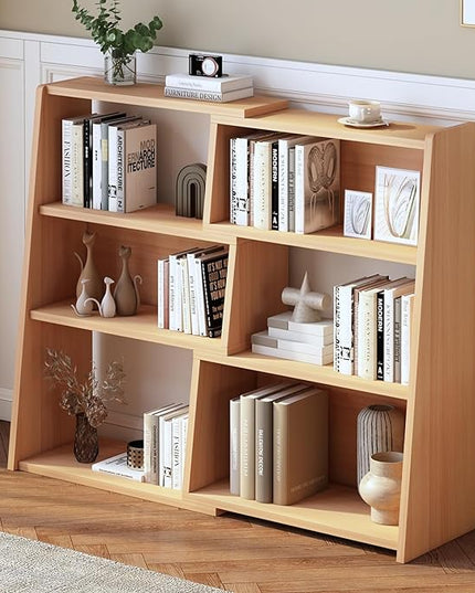 IOTXY Wooden Extendable Shelf Bookcase - 3-Tier Ladder Low Short Bookshelf for Small Space or Corner, Oak, S - LeafyLoom