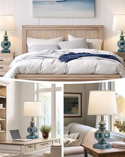 20.75" Farmhouse Table Lamps for Bedroom Set of 2, Rustic Bedside Lamps with 2 USB Port, Retro side table lamp Antique Nightstand Lamp for Living Room End Table Office Country, Traditional Washed Blue - LeafyLoom