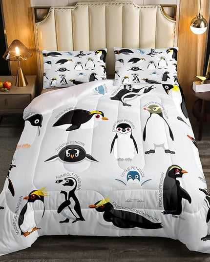 Erosebridal Penguin Comforter Set Full Size,Black White Penguins Bedding Set Cute Animal Down Comforter for Kids Boys Girls Teens,Wildlife Grey Bedding Quilted Sets with 2 Pillow Cases Bedroom Decor - LeafyLoom