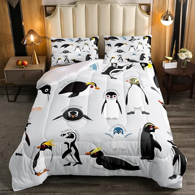 Erosebridal Penguin Comforter Set Full Size,Black White Penguins Bedding Set Cute Animal Down Comforter for Kids Boys Girls Teens,Wildlife Grey Bedding Quilted Sets with 2 Pillow Cases Bedroom Decor - LeafyLoom