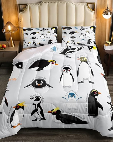 Erosebridal Penguin Comforter Set Queen Size,Black White Penguins Bedding Set Cute Animal Down Comforter for Kids Boys Girls Teens,Wildlife Grey Bedding Quilted Sets with 2 Pillow Cases Bedroom Decor - LeafyLoom