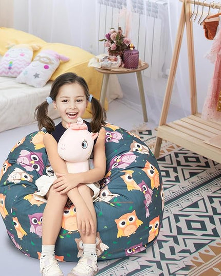Stuffed Animal Storage Bean Bag Chair Cover, Hold Kids Plush Toys Blankets Towels Beanbag (Cover Only), Canvas Floor Circle Stuff Sit Seat Sofa with YKK Zipper, Large 32", Owl - LeafyLoom