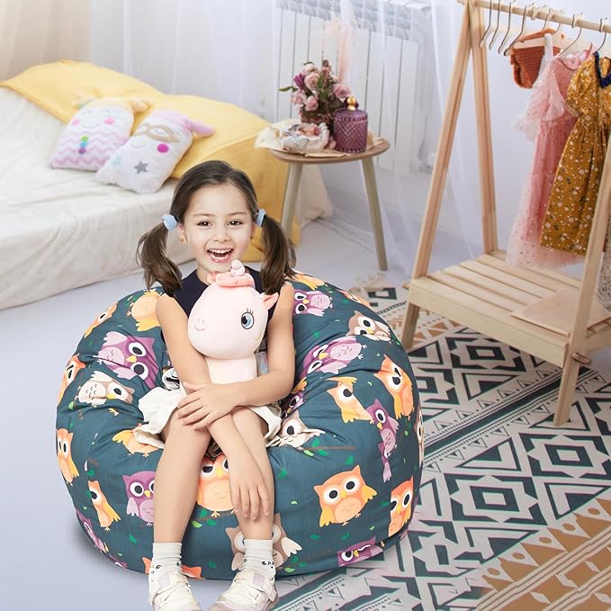 Stuffed Animal Storage Bean Bag Chair Cover, Hold Kids Plush Toys Blankets Towels Beanbag (Cover Only), Canvas Floor Circle Stuff Sit Seat Sofa with YKK Zipper, Large 32", Owl - LeafyLoom
