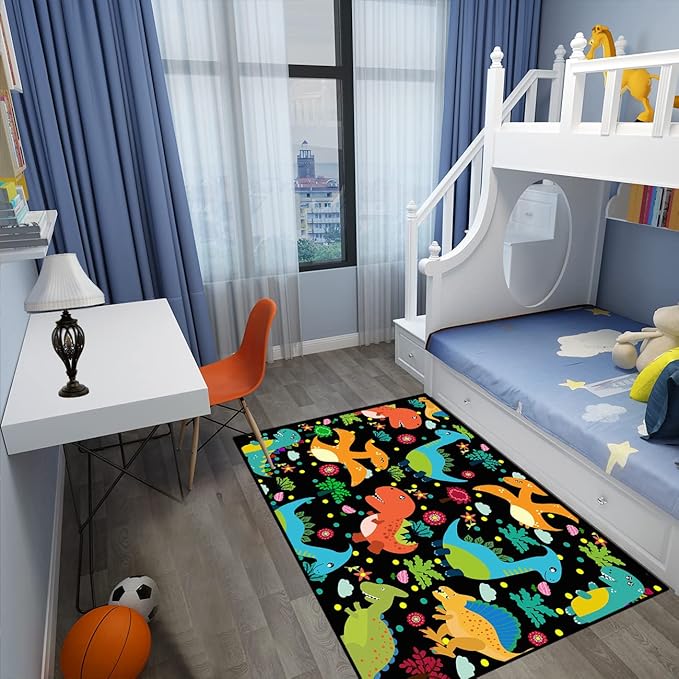 Dino Rugs for Boys Room Kids Play Rug Dinosaur Play Rug Dinosaur Carpet Dinosaur Rug Dinosaur Cartoon Carpet for Boys and Girls Bedroom Classroom,Black 4'×5' - LeafyLoom