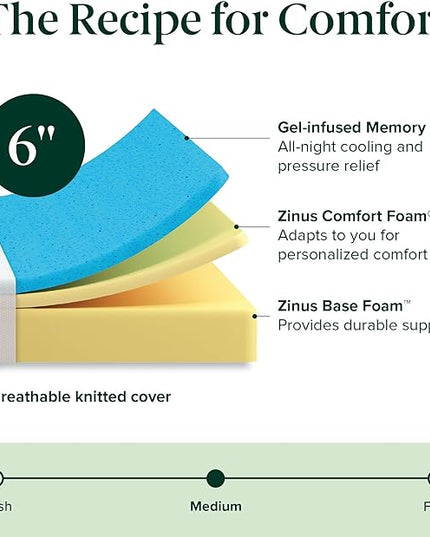 ZINUS 6 Inch Green Tea Cooling Memory Foam Mattress [New Version], Full, Fiberglass free, Medium Firmness, Cooling Gel Foam, Certified Safe Foams & Fabric, Mattress in A Box - LeafyLoom