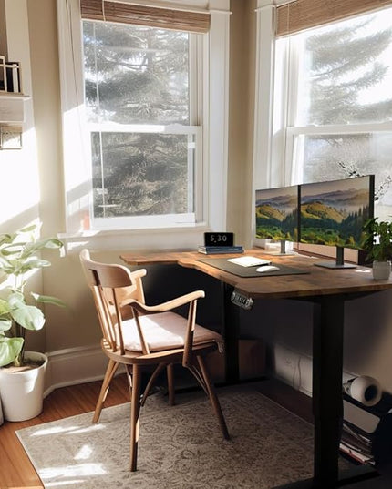 Adjustable Height L-Shaped Electric 59 Inch Sit-Stand Computer Desk with 3 Splice Boards, Lockable Casters-Ideal for Home Office, 59Inch, Rustic Brown - LeafyLoom