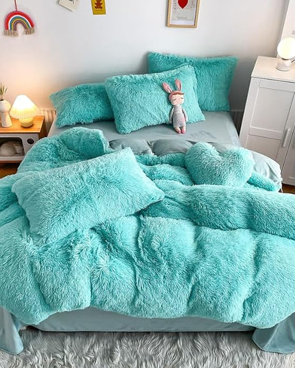 Faux Fur Kids Girls Sky Blue Comforter Sets Queen - 3PC Bed Set Warm Comfortable Soft Plush Flannel Velvet Fluffy Fuzzy Bedding（Comforter x 1 Pillowcases x 2） - LeafyLoom