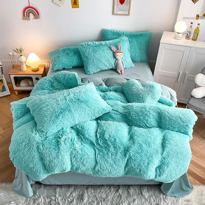 Faux Fur Kids Girls Sky Blue Comforter Sets Queen - 3PC Bed Set Warm Comfortable Soft Plush Flannel Velvet Fluffy Fuzzy Bedding（Comforter x 1 Pillowcases x 2） - LeafyLoom