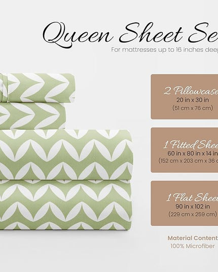 Linen Market 4 Piece Sheet Set Patterned, Queen, Puffed Chevron Sage - LeafyLoom